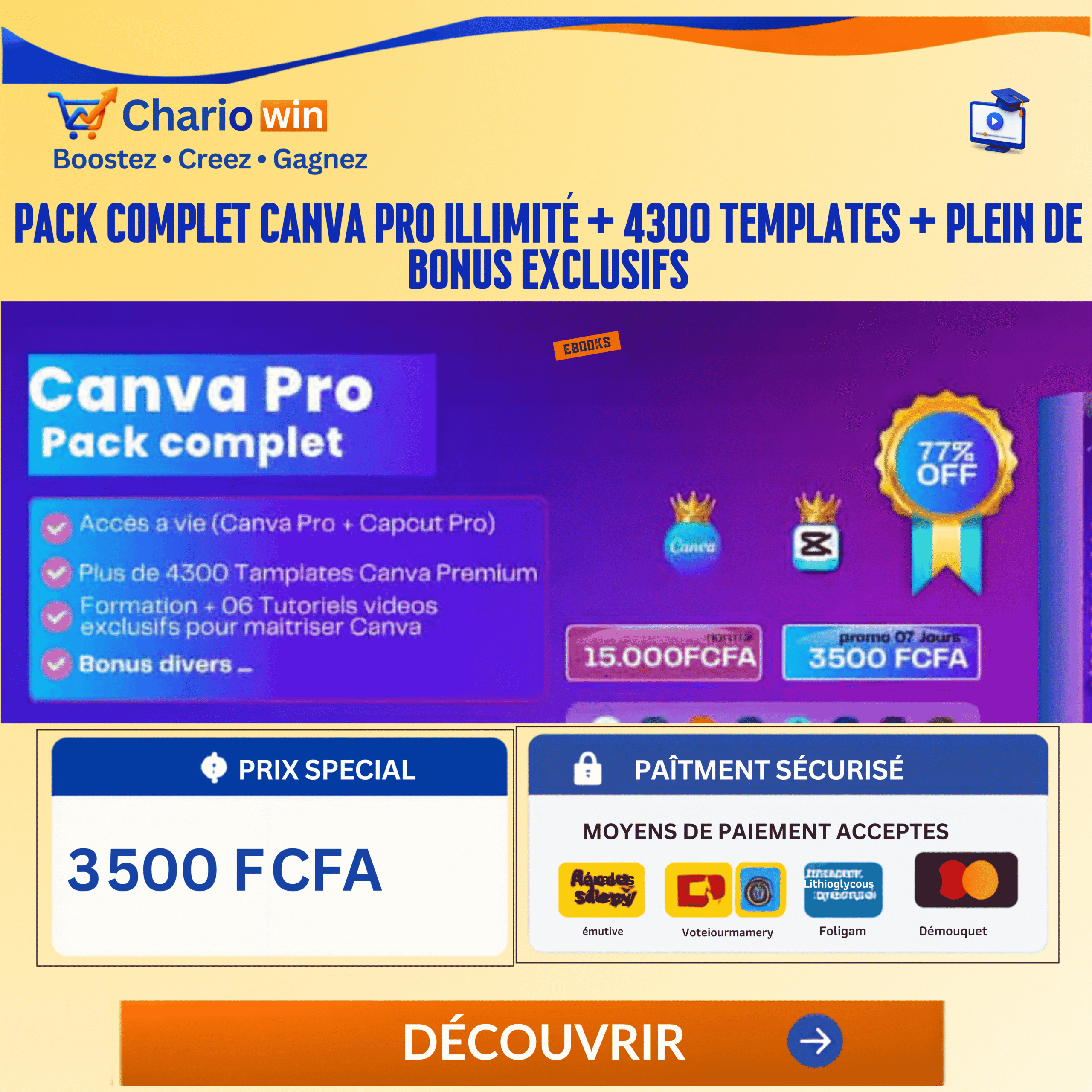 Pack Complet Canva Pro illimité + 4300 Templates + Plein de Bonus exclusifs